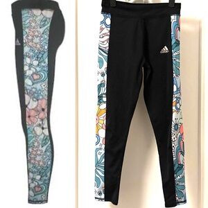 Adidas Kids Black Leggings with Vibrant Floral Panels